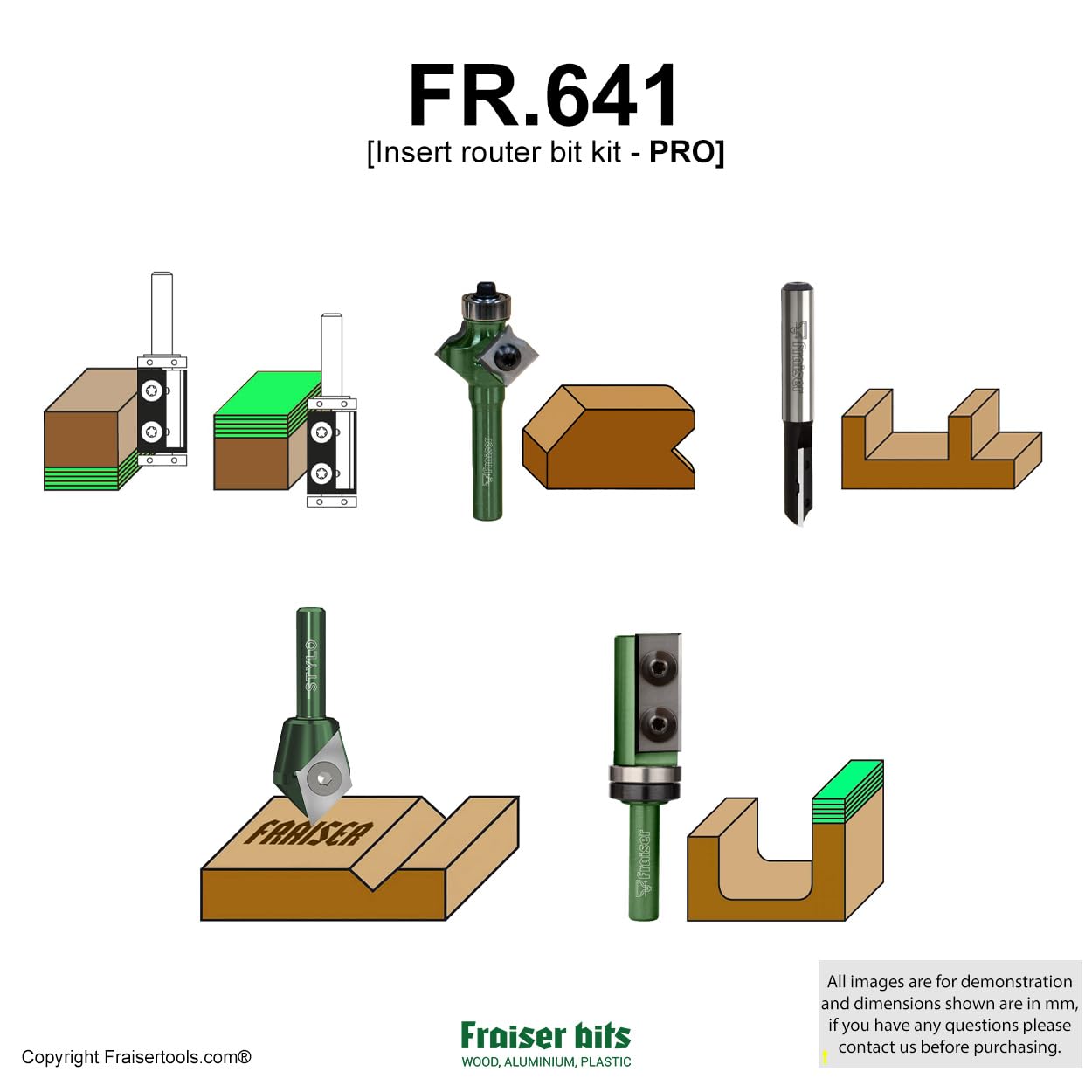 Fraiser Fräser Set 6,35 mm (1/4 Zoll) Schaft - Wendeplattenfräser, 3 Stück, Holzfräser für Oberfräse, Kantenfräse und Frästisch - Einsteiger Set