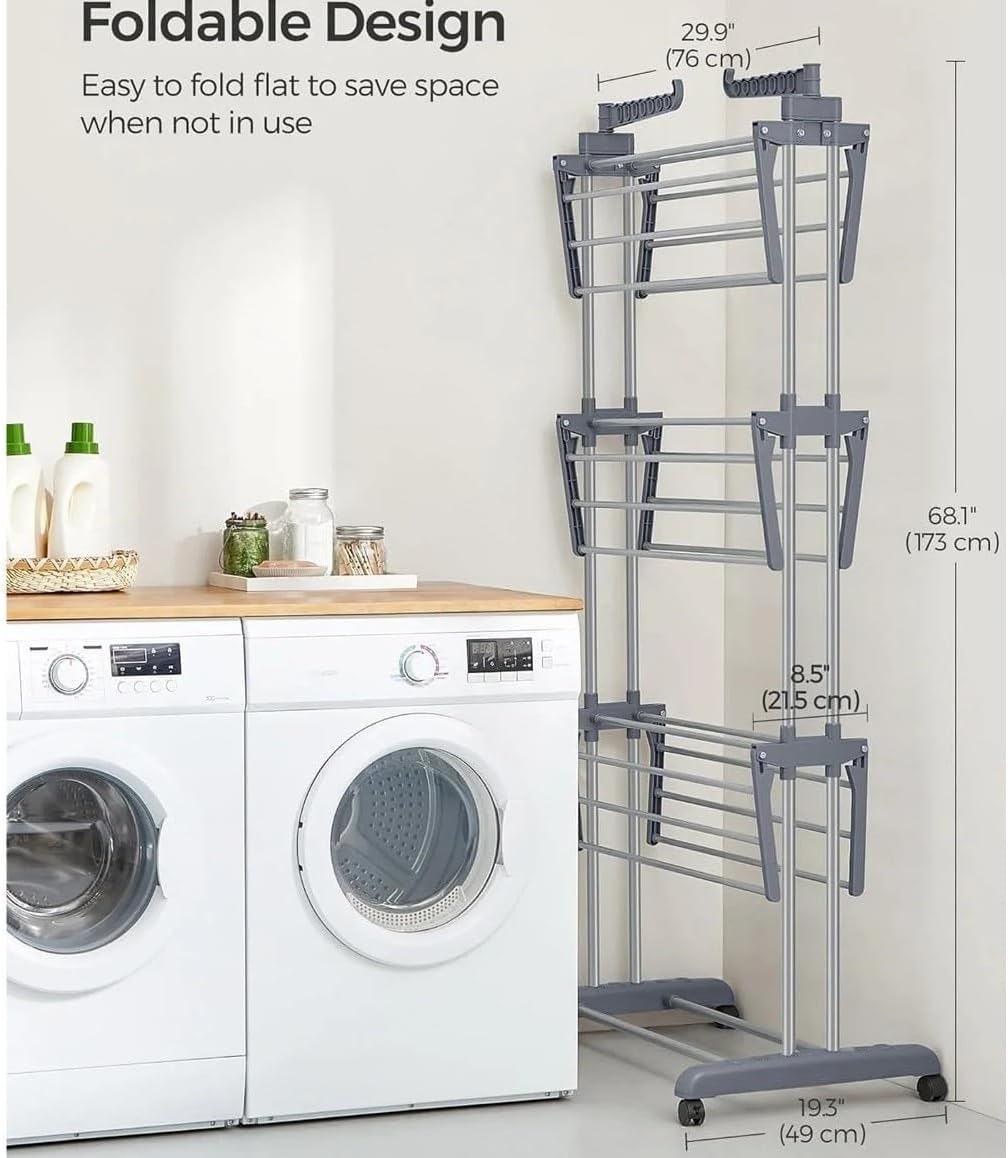Large Clothes Airer, Foldable Plastic Clothes Drying Rack Laundry 4-Tier, Moveable Clothes Horse(White)