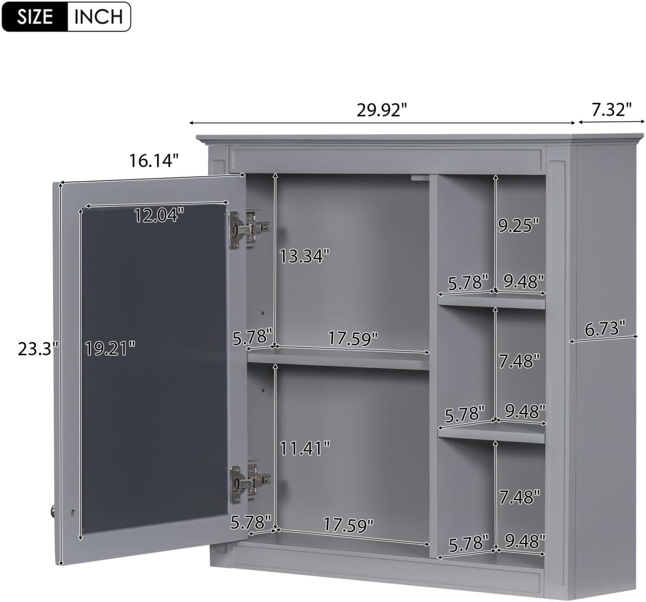 30" x 28" Wall-Mounted Bathroom Storage Cabinet with Mirror and 3 Open Shelves