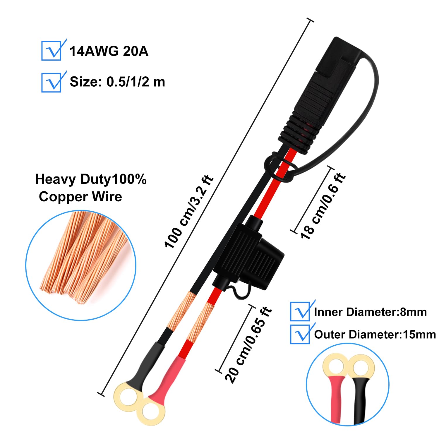 SAE Cable con Terminal de Anillo Cable Cargador Bateria Moto 14AWG 20A Cable Bateria Moto SAE con Fusible para Motocicletas, Paneles Solares, Automóviles, Barcos (1 m)