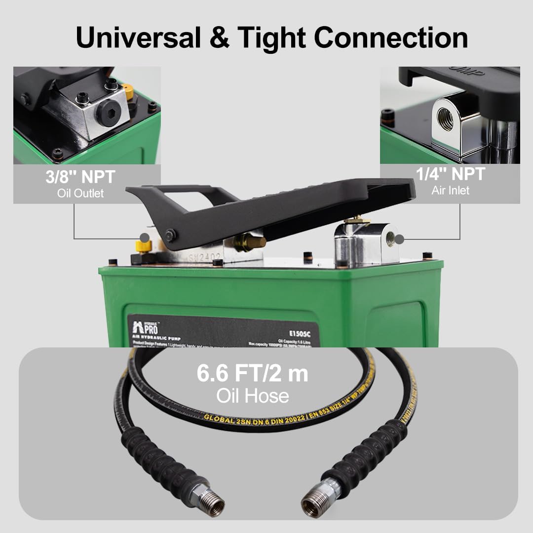 10,000 PSI Air Hydraulic Pump, NPT 3/8" Oil Outlet, NPT 1/4" Inlet, Foot Pedal Hydraulic Pumps with 6.6 ft Hose for for Auto Body Frame Machines, Hydraulic Tools, and Hole Punch