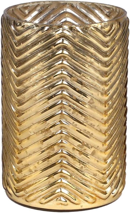 Glossy Gold Speckled Mercury Glass Cylindrical Vase Chevron Pattern 6.5" High Set of Two