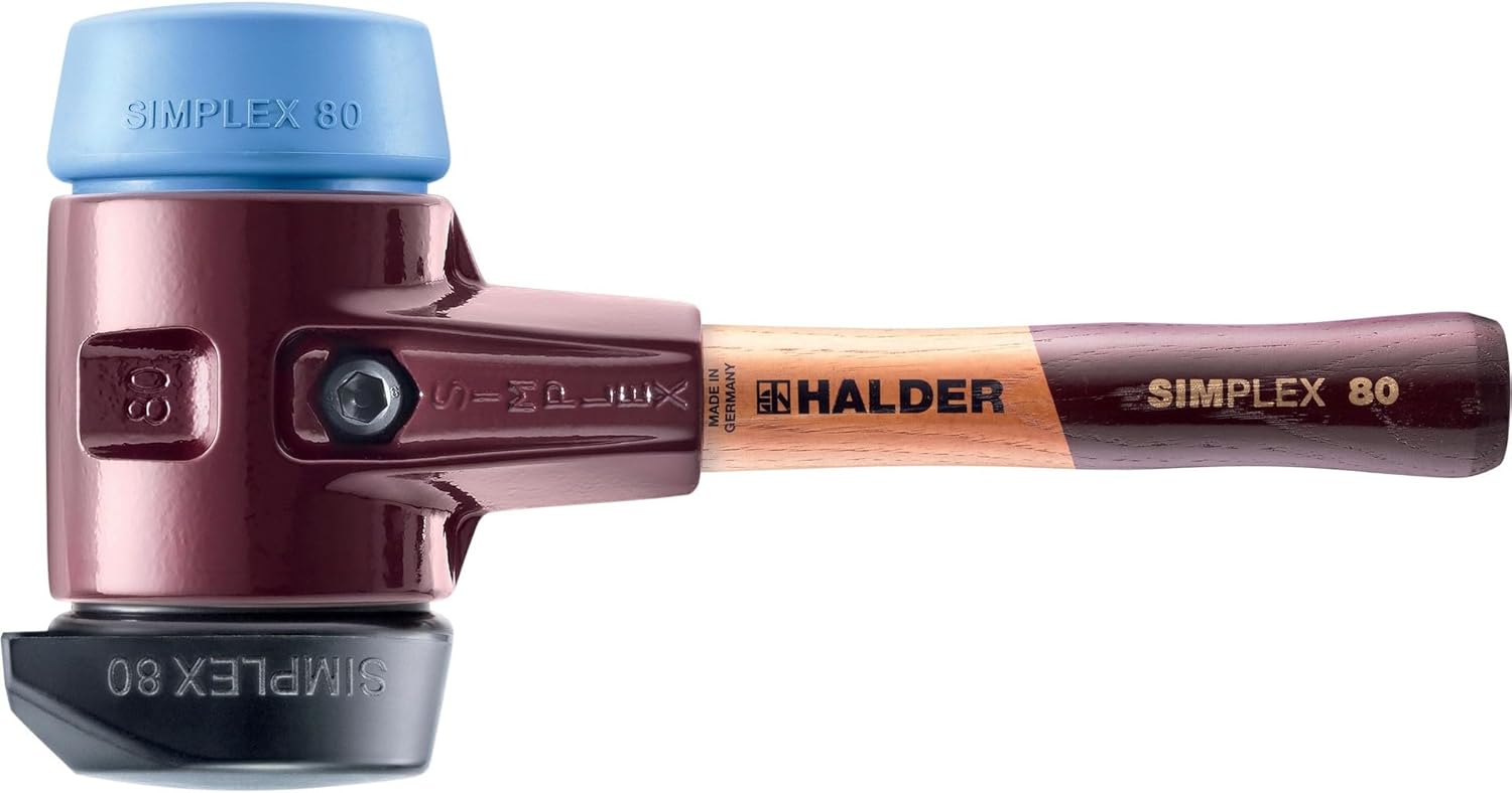Halder Simplex Mallet 30mm – Dual Faces, TPE-Soft & Hard Rubber Inserts, Cast Iron Housing with Protection Sleeve, Hickory Handle, Tiling, Landscaping & Paving – 3012.030