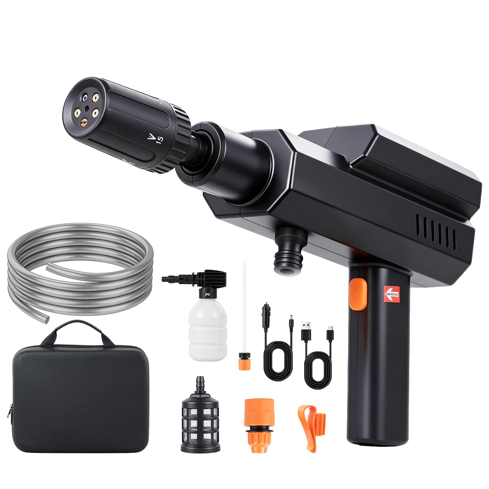 Cordless Pressure Washer 870PSI, Portable Power Washer w/ 12000mAh Battery, Type-C & Car Charger, 5-in-1 Jet Wash Gun Nozzle, Foam Cannon, 5M Hose, 2.2lbs, Bag for Car Bike Outdoor