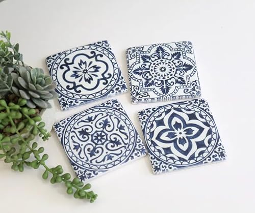 Ceramic Mediterranean Coasters Set of 4 Blue Geometric Tiles Cork Backed Decorative Cup Table Mats