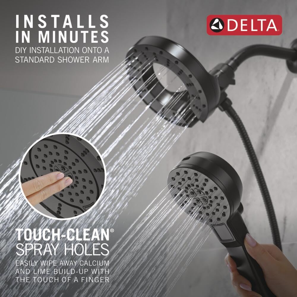 Delta In2ition - Cabezal de ducha doble 2 en 1 de 5 ajustes con spray de mano ProClean de alta presión, cabezal de ducha desmontable negro mate con manguera, caudal de 2.5 GPM, negro mate 58596-BL25