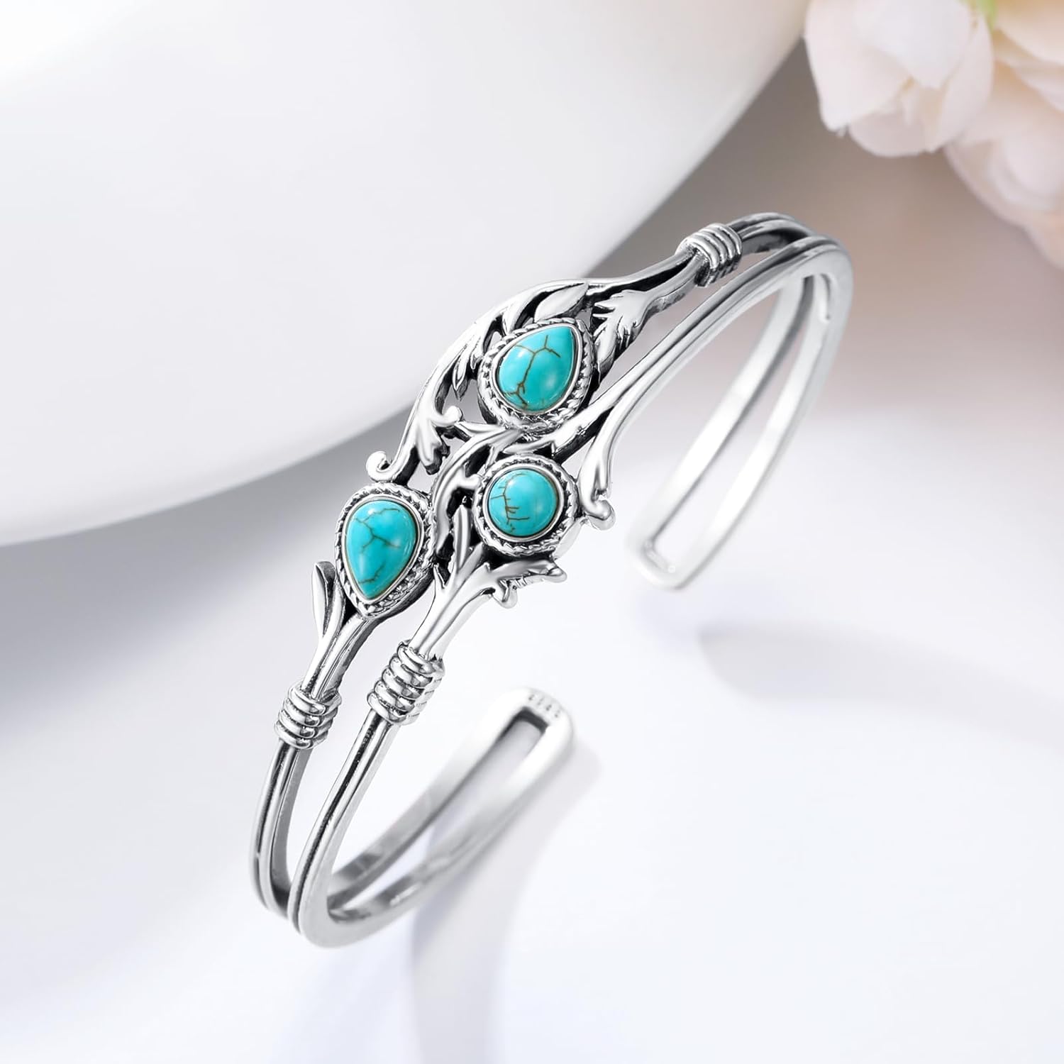 Genuine Turquoise Boho Leaf Bracelet, Sterling Silver Western Adjustable Bangle Cuff Native American Jewelry for Women, Fit for 6.5 7 7.5 Inches - Image 7