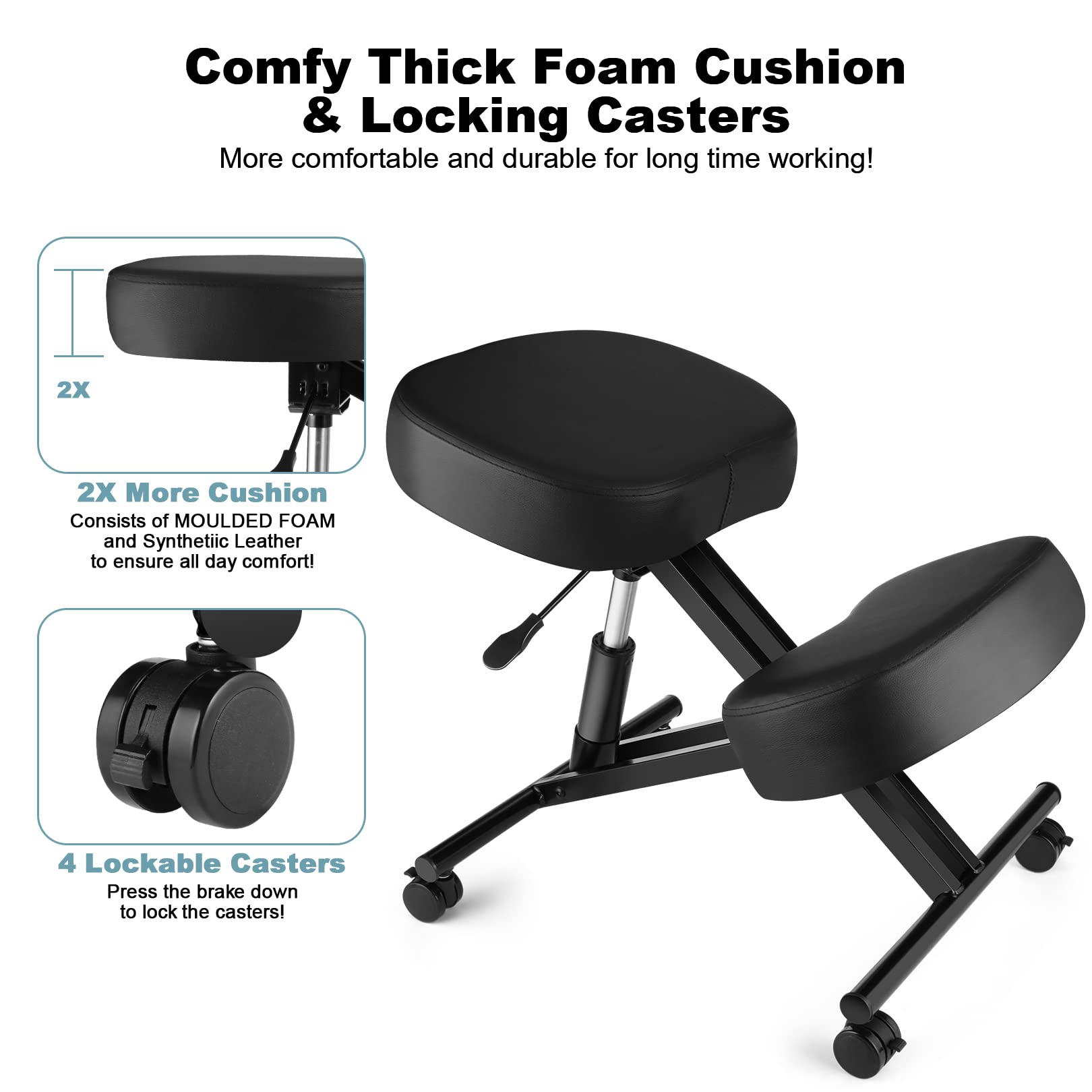 COOCHEER Chaise à Genoux de Bureau Ergonomique, Tabouret Genoux pour la Maison et Le Bureau, Chaise pour Ordinateur avec roulettes, Réglable Hauteur, Structure de Métal, Faux Cuir, Rembourrée