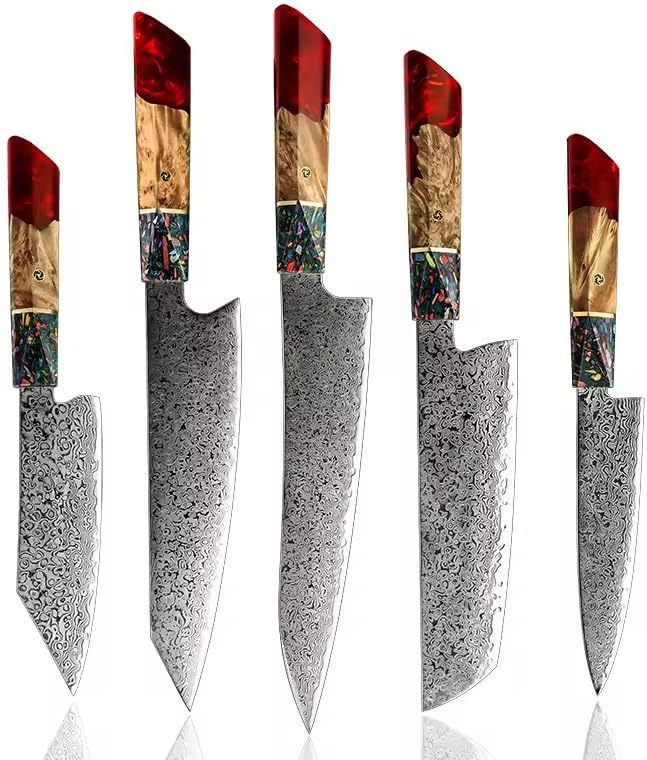 5 Piece Damascus Chef Knife Set, Japanese VG10 67-Layer Steel, Ergonomic Stabilized Wood & Red Resin Handle, L-Shaped Design for Home Restaurant Banquet-Z