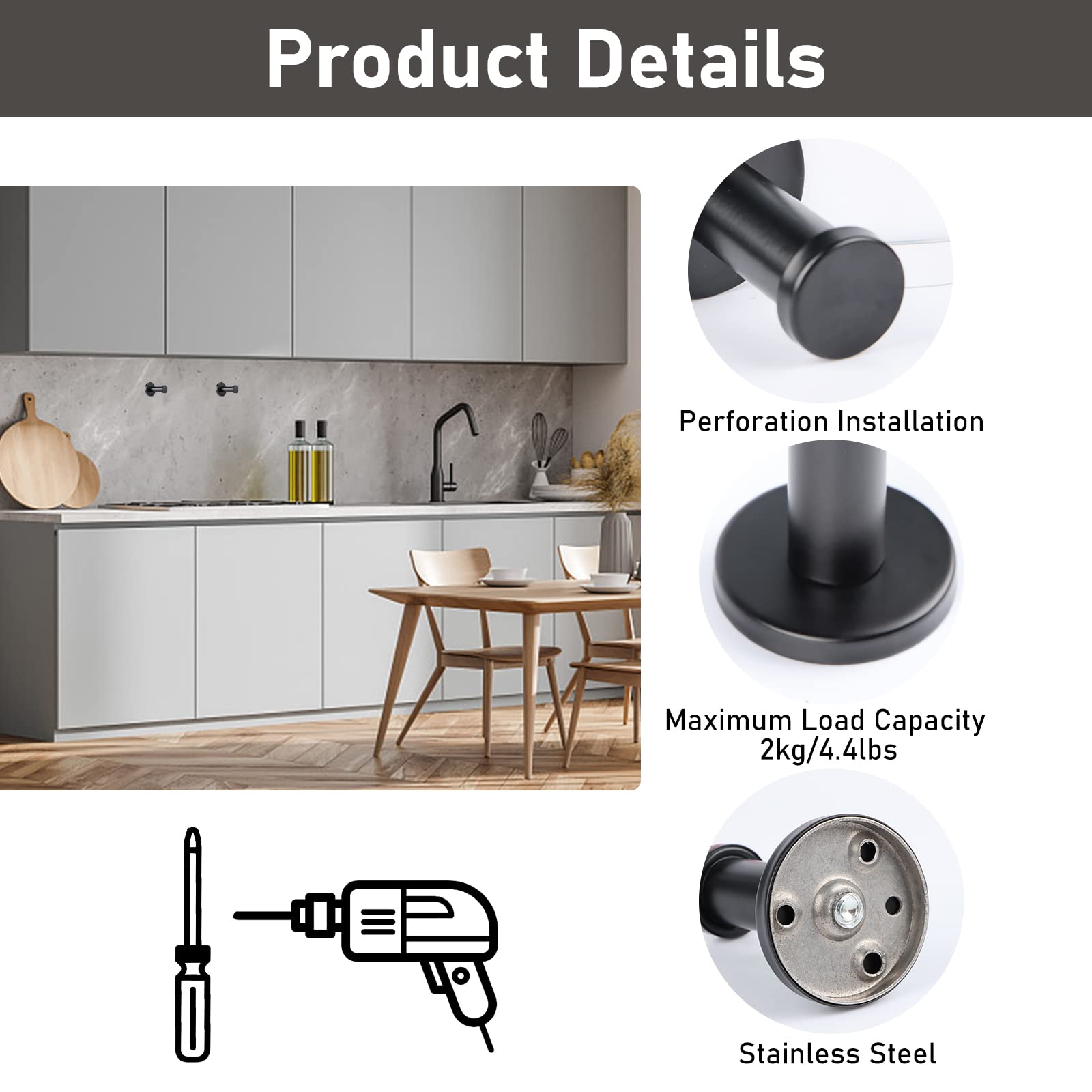 PINGEUI 8 ganci appendiabiti da 52 mm, in acciaio inox, gancio per asciugamani, gancio da cucina con viti, portasciugamani da bagno, porta da parete