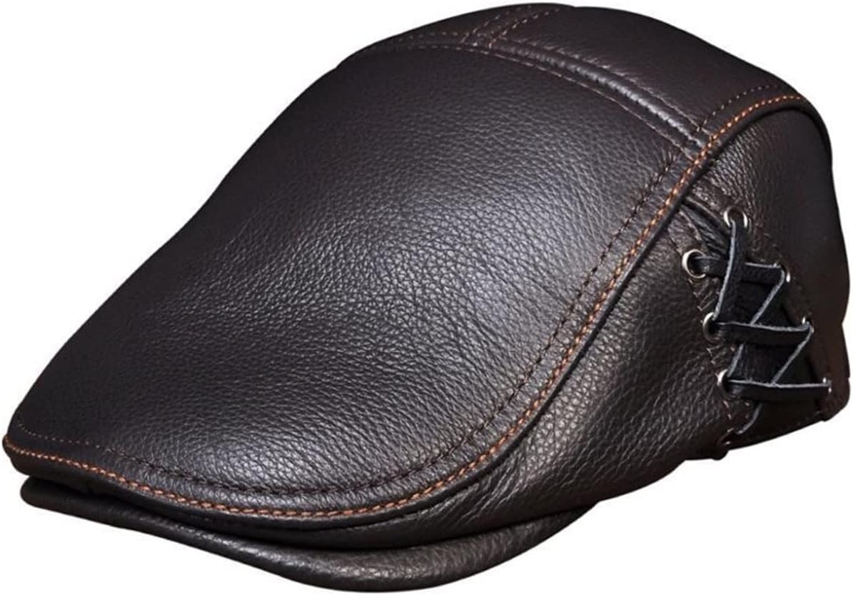 Leather Cap Sp-ring Men's Real Cow Leather Flap Cap Hat Brand Genuine Leather Baseball Gatsby Caps Newsboy Beret Hats Warm Hat (Color : Dark brown, Size : L)