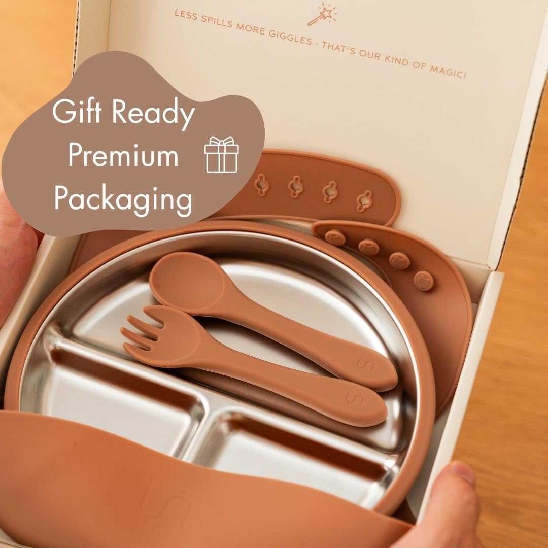 Stainless Steel Baby Plate Set 4 Pieces– Baby Suction Plate, Removable Suction, Silicone Bib, Spoon & Fork – BPA-Free Weaning Kit for 6 + Months, Soft Starter Utensils (Mocha Mousse)