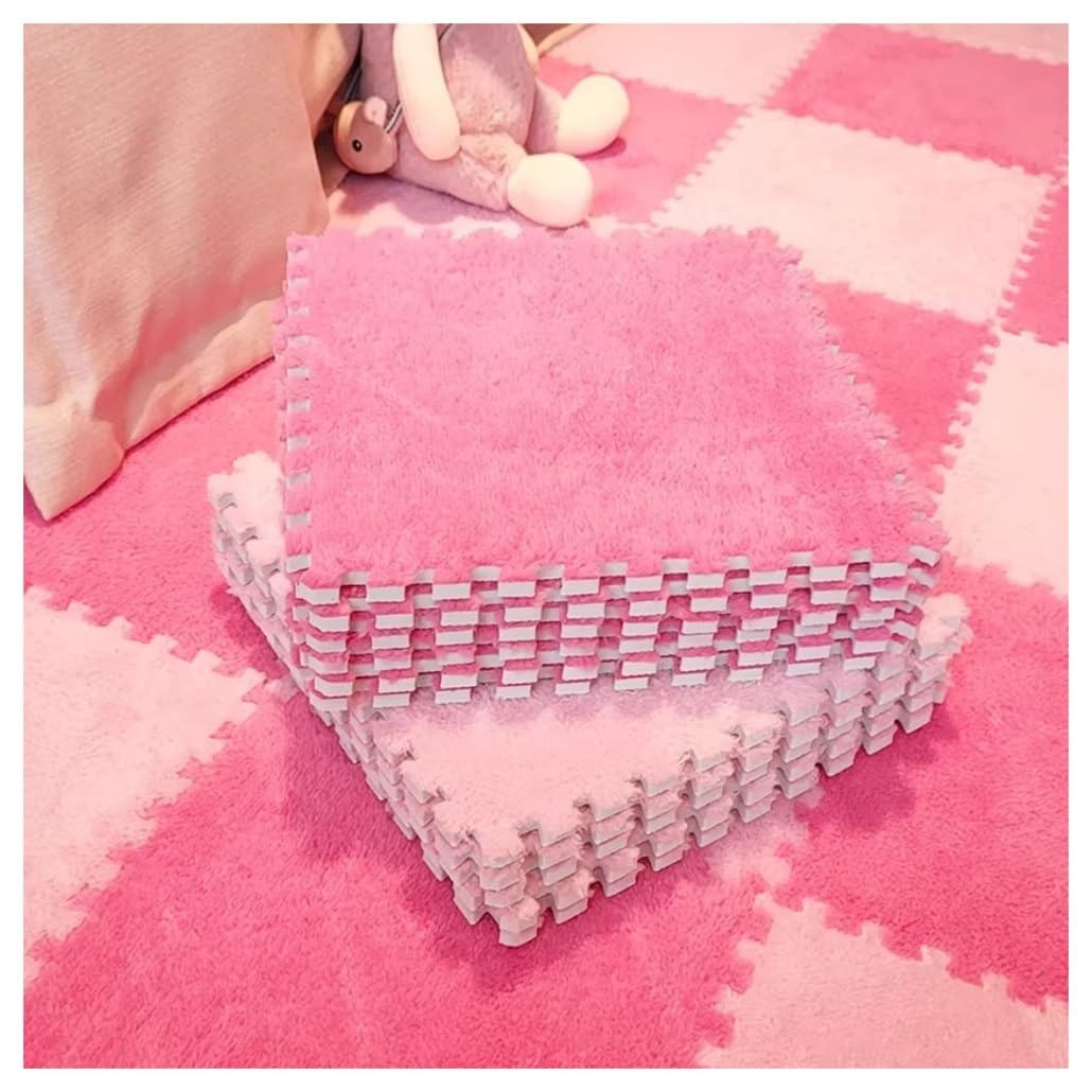 12 azulejos entrelazados, tapetes antideslizantes de espuma EVI para sala de juegos y dormitorio de niños, diseño de rompecabezas de forro polar ártico (rosa y rojo sandía, 32 piezas en total)