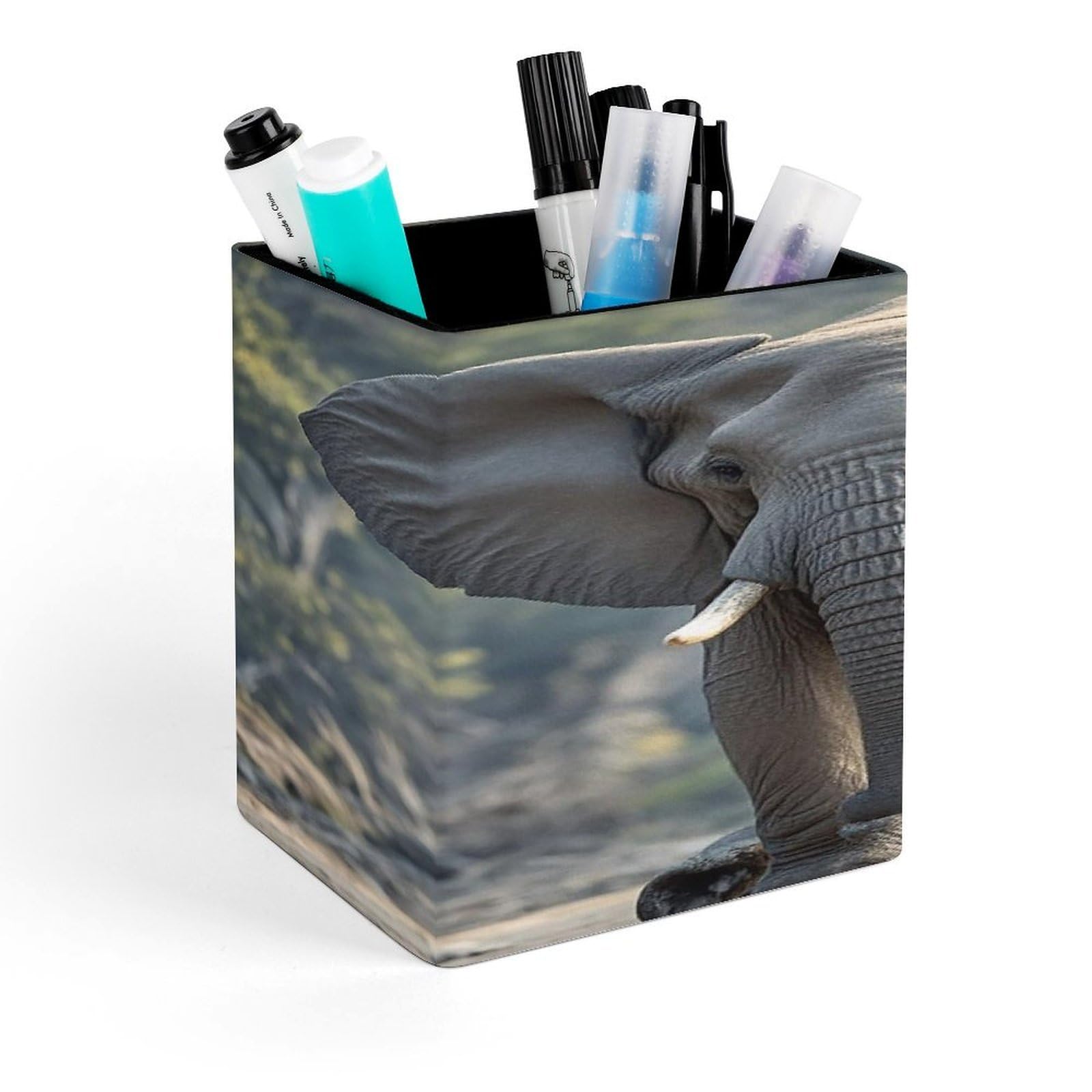 FekiLoot Elephant Pencil Holder for Desk Square Leather Pen Holder Cup Desktop Organizer Multi-Functional Pencil Cup Holders Modern Decorative Desk Organizer Caddy Makeup Brush Holders