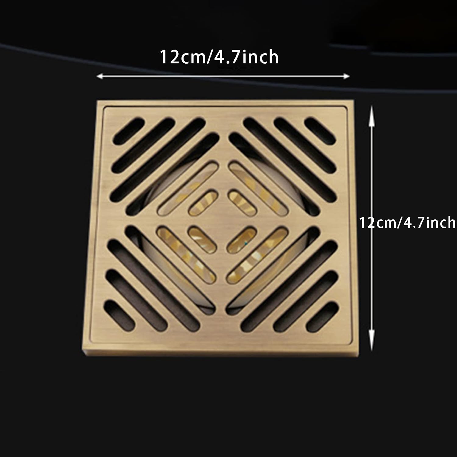 シャワースクエア排水口、取り外し可能なクアドラトパターン格子付き真鍮バスルームフロア排水口、ヘアフィルター、ブラシ仕上げ、ブラシ仕上