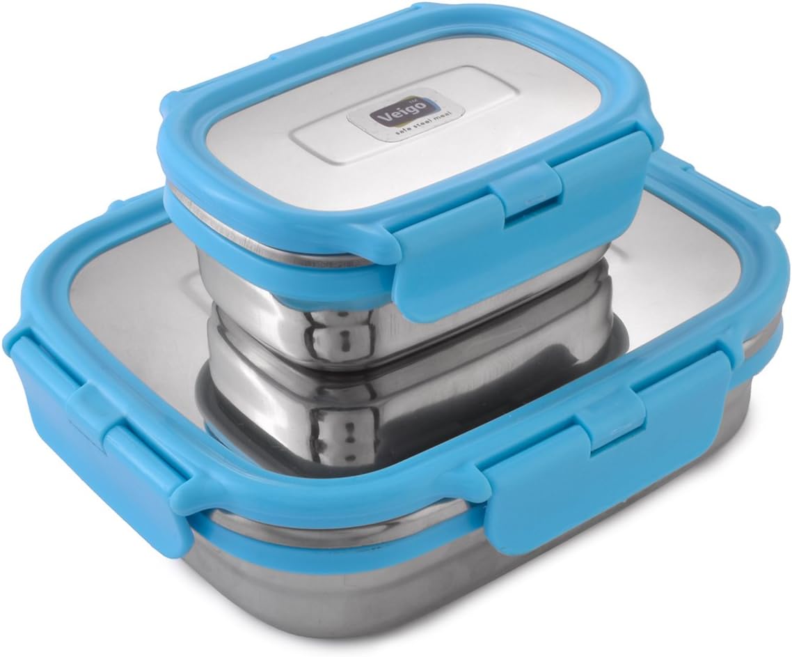 Veigo Lock N Steel Stainless Steel 100% Air Tight 2 Pcs Container, Sky Blue