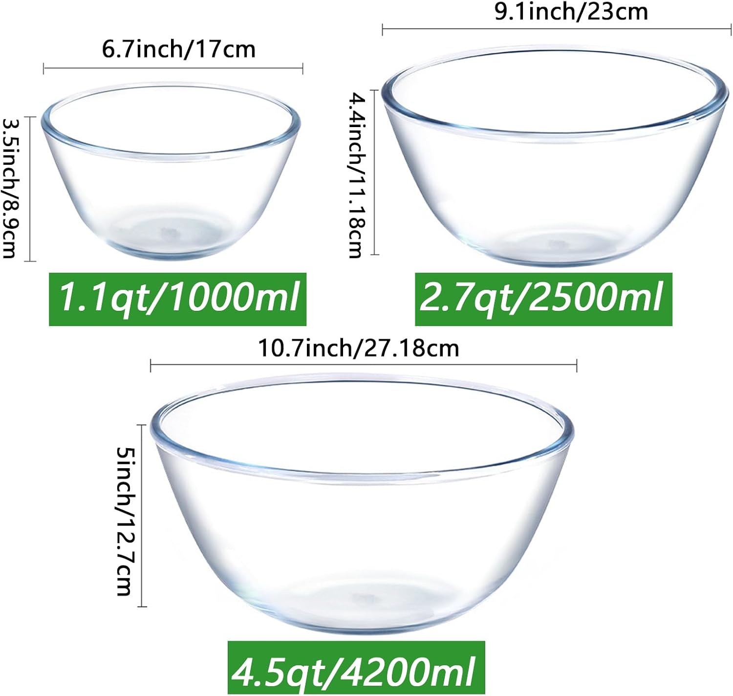 Glass Mixing Bowl Set with Lids, 3-Pack Nesting Storage Bowls, Borosilicate Glass, 4.5 QT, 2.7 QT, 1.1 QT, BPA-Free, Microwave Safe, for Cooking, Baking, Food Storage