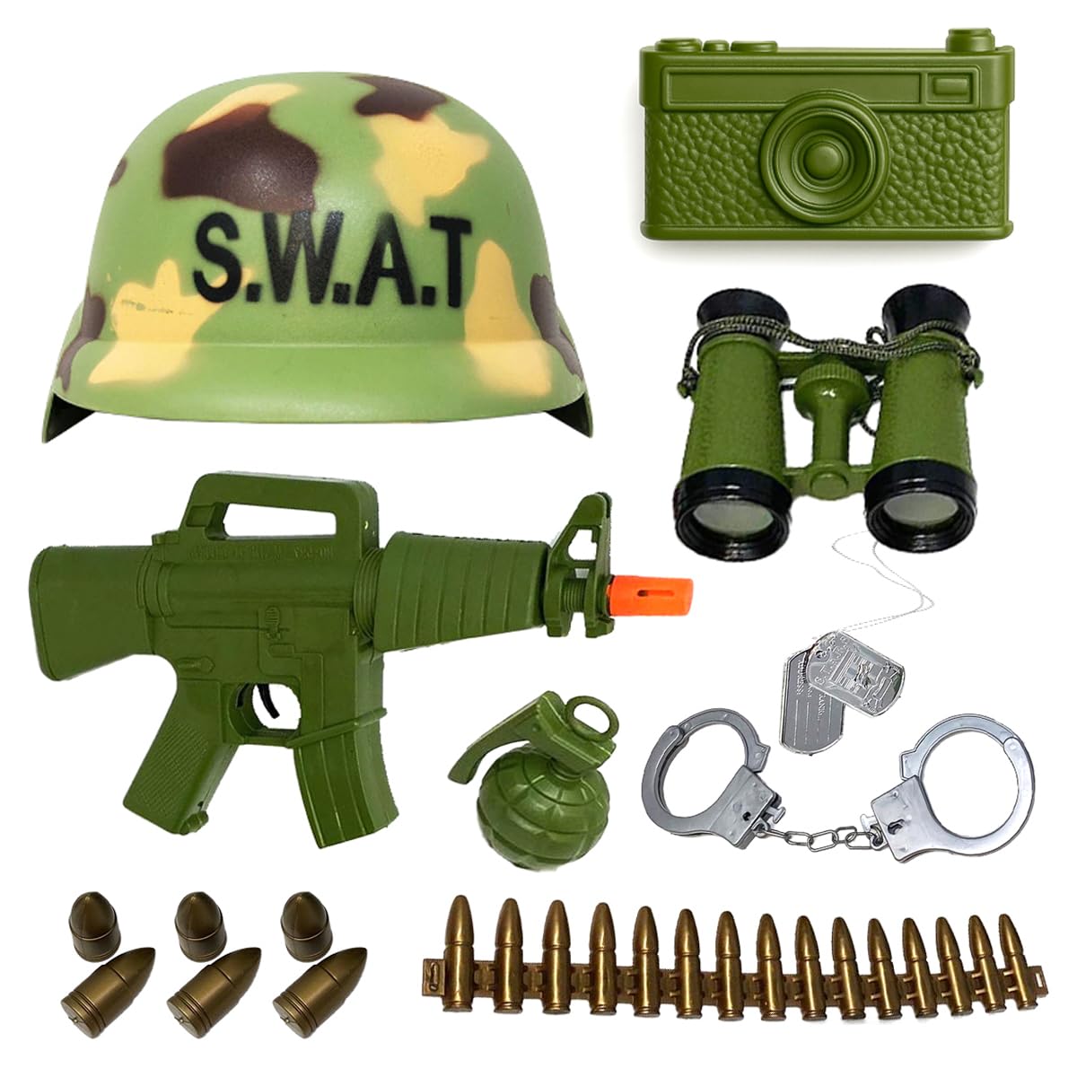 Koolbitz Kids Army Costume Set with Helmet, Military Soldier Role Play Toy Gun, Binoculars, Camera & Grenades, SWAT Police Fancy Dress Accessories Gift for Boys & Girls Age 3+ Years