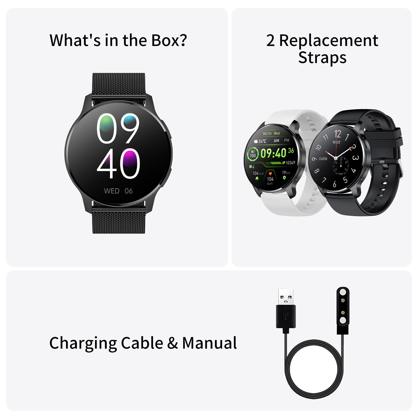 Smartwatch Damski Męski Inteligentny Zegarek Telefon 1.34" Ekran Dotykowy HD Zegarek Fitness Okrągły Wodoodporny Krokomierz Monitor Cykl Menstruacyjny Prezenty Android IOS [3 Paski]