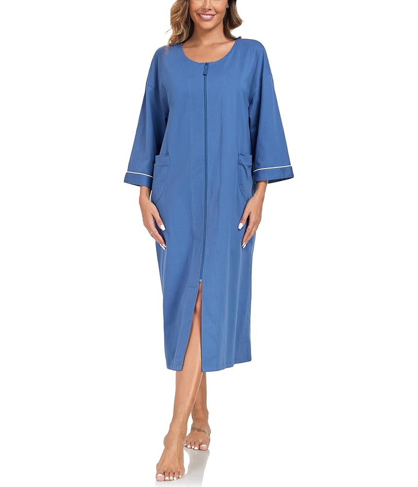 ANLIQI Women 100% Cotton Zipper Robes 3/4 Sleeve Housecoats