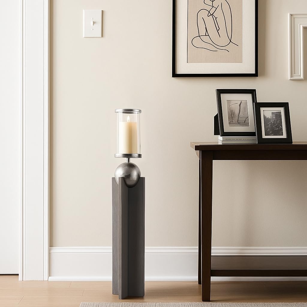 Elegant Tall Wood Candle Holder for Table Centerpiece - Decorative Pillar Candlestick Holder for Living Room, Entryway Table, or Shelf Accent - Modern Home Decor Accent for Bedroom Styling - 36", Gray