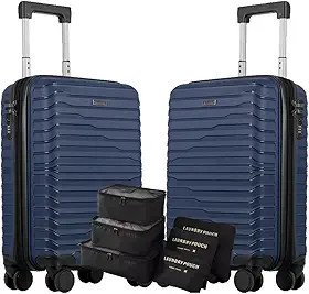 Jogo 2 Malas Bordo 10kg em Polipropileno, Cadeado Padrão 3 Dígitos, Expansível com Zíper Expansor + Kit Organizador Necessaire 6 pçs de Viagem Sestini (Kit 2 Bordos, PP Essencial Plus Azul)
