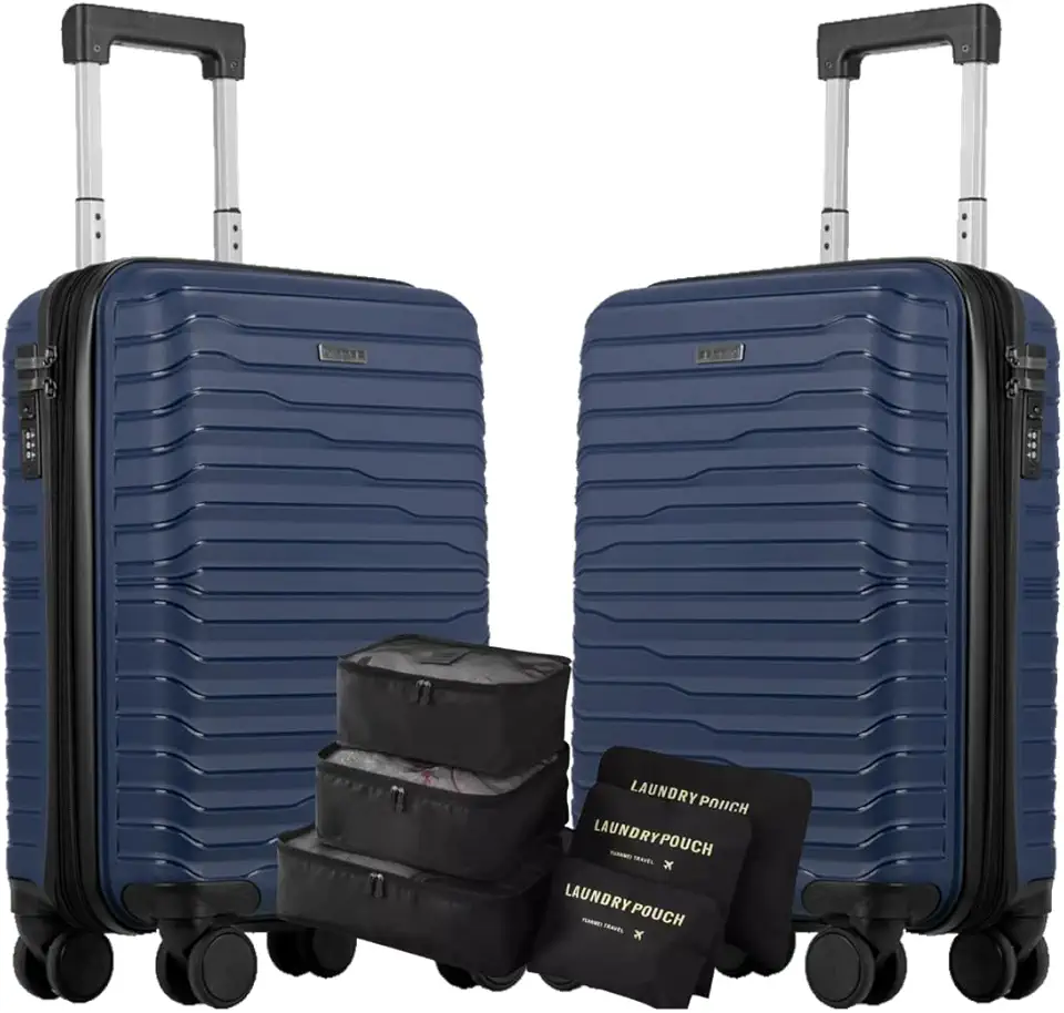 Jogo 2 Malas Bordo 10kg em Polipropileno, Cadeado Padrão 3 Dígitos, Expansível com Zíper Expansor + Kit Organizador Necessaire 6 pçs de Viagem Sestini (Kit 2 Bordos, PP Essencial Plus Azul)