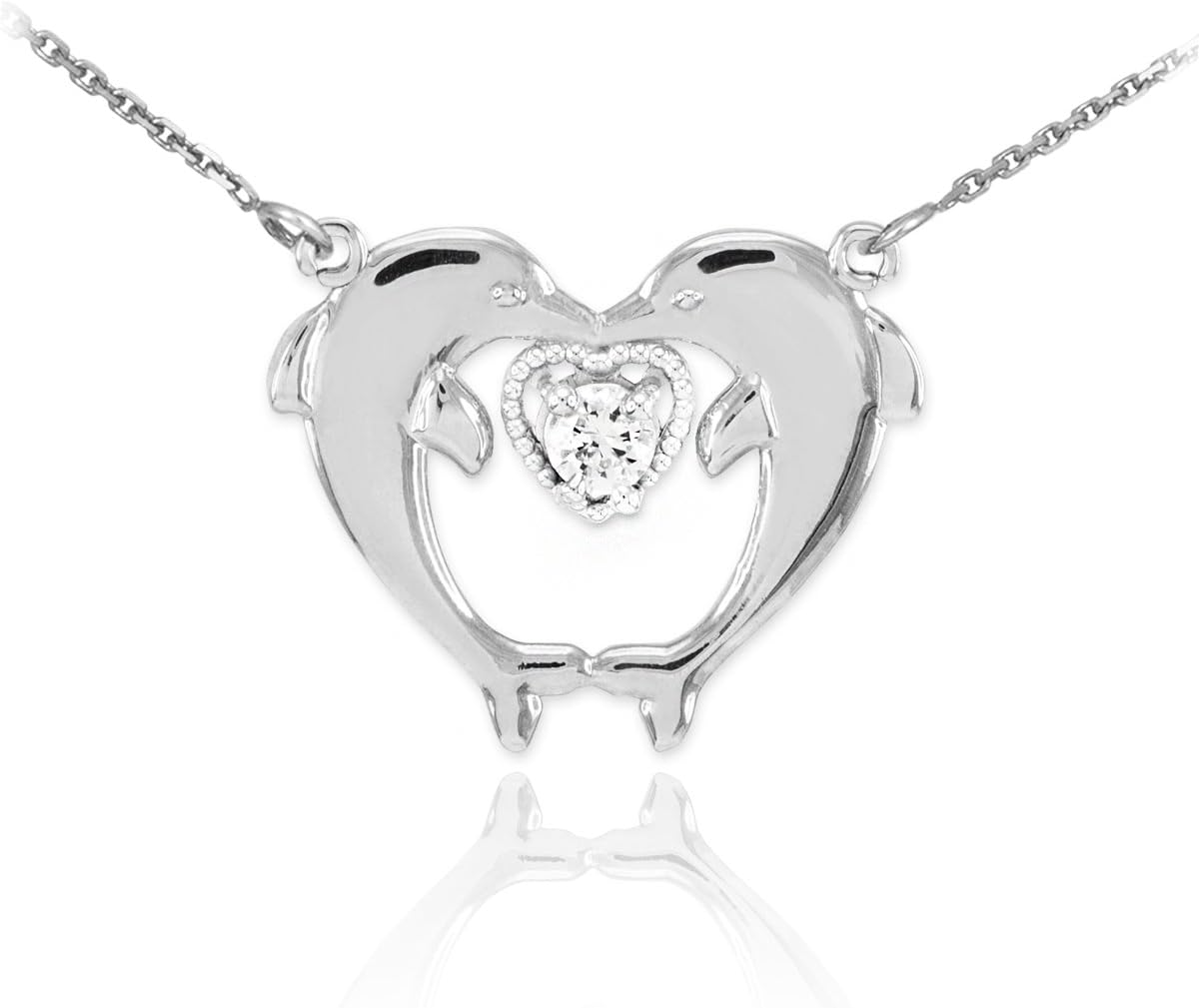 14k White Gold CZ-Accented Heart Kissing Dolphins Pendant Necklace