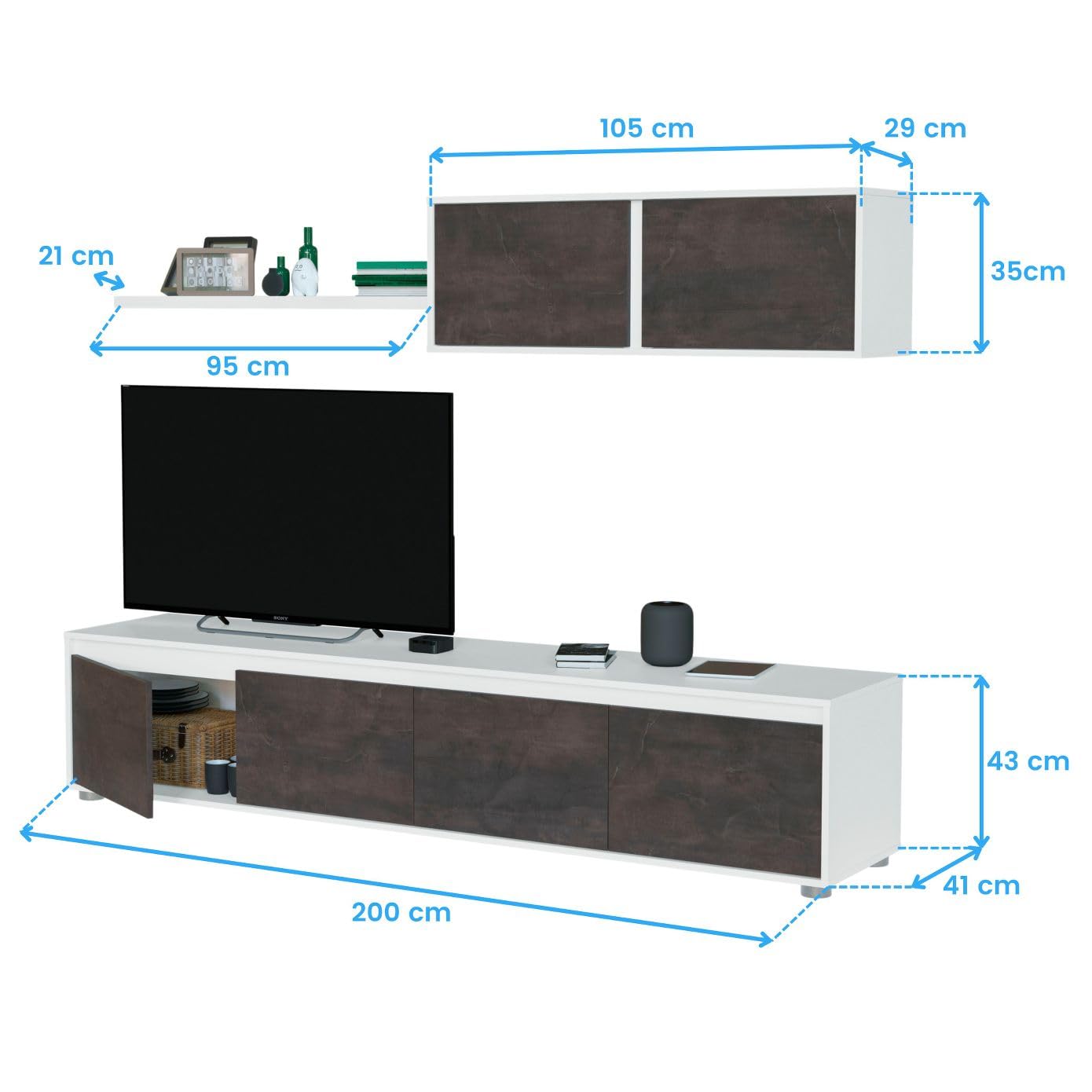 Habitdesign, Moderne Wohnwand mit TV-Schrank in Artik weiß und Rost, Wohnzimmermöbel mit Stauraum, Maße: 200 x 43 x 41 cm (B x H x T), Modell Alida