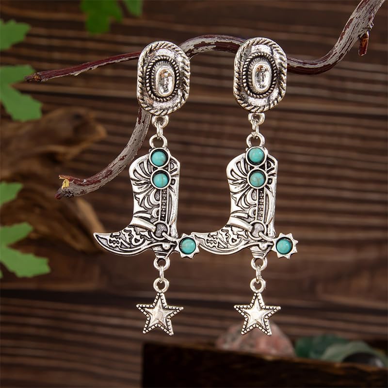 Silver Western Earrings Vintage Silver and Turquoise Western Style Cowboy Hat Boots Cowgirl Country Concert Dangle Earrings Jewelry Accessories for Women - Image 4