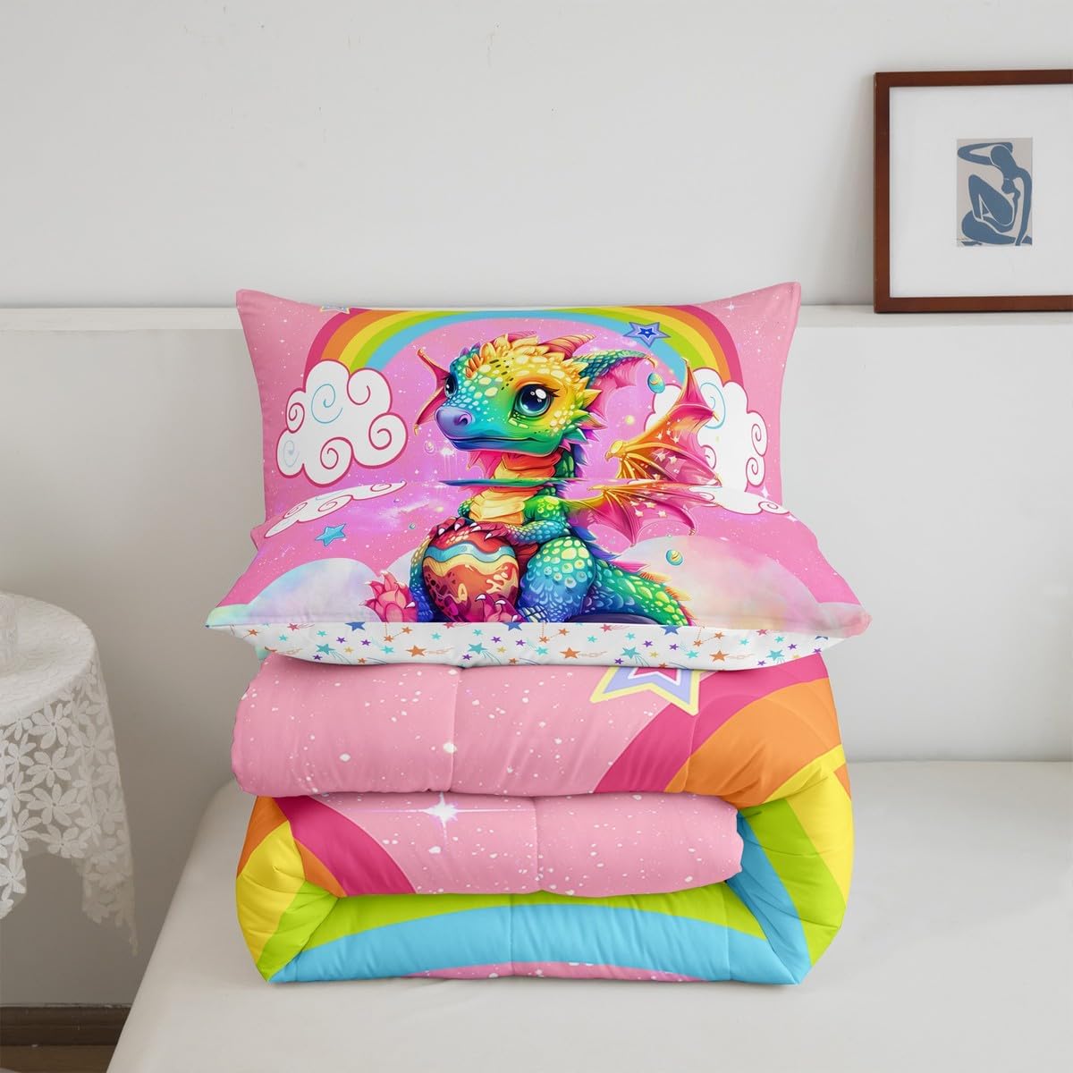 Feelyou Kids Dragon Comforter Set Twin Size Cartoon Dragon Egg Print Bedding Set Rainbow Comforter Pink Nebula Duvet Set Mysterious Outer Space Quilt Set with 1 Pillow Case 2PCS