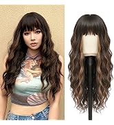 Verna Brown Blonde Wig with Bangs, 26 Inch Brown Mixed Caramel Blonde Wigs for Women, Natural Loo...