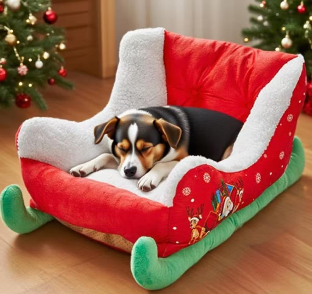 Christmas Sleigh Dog Bed, Santa Sleigh pet Warming Bed, Plush pet Warming Sofa with Non-Slip Base, cat and Dog Bed, Durable and Washable, Suitable for Indoor and Outdoor use in Winter (L)