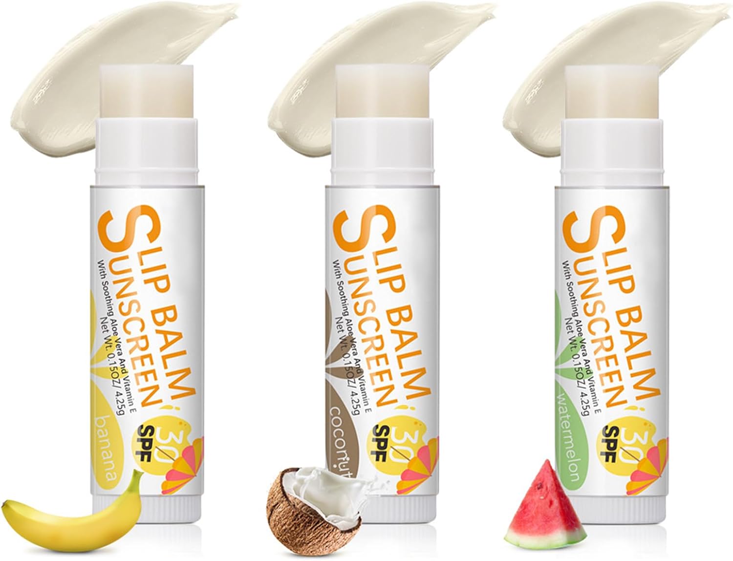 AURONUT SPF 30 Sunscreen Lip Balm 3 Pack Banana Coconut, Watermelon 3 Different Flavours with Smoothing Aloe Vera Vitamin E for Moist Lips