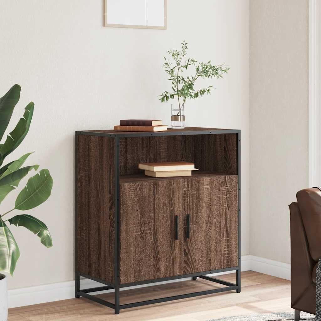 Komoda bruin eiken 68x35x76 cm houtvezelplaat metaal stabiliteit opbergkast industriële stijl woonkamer hal keuken meubel