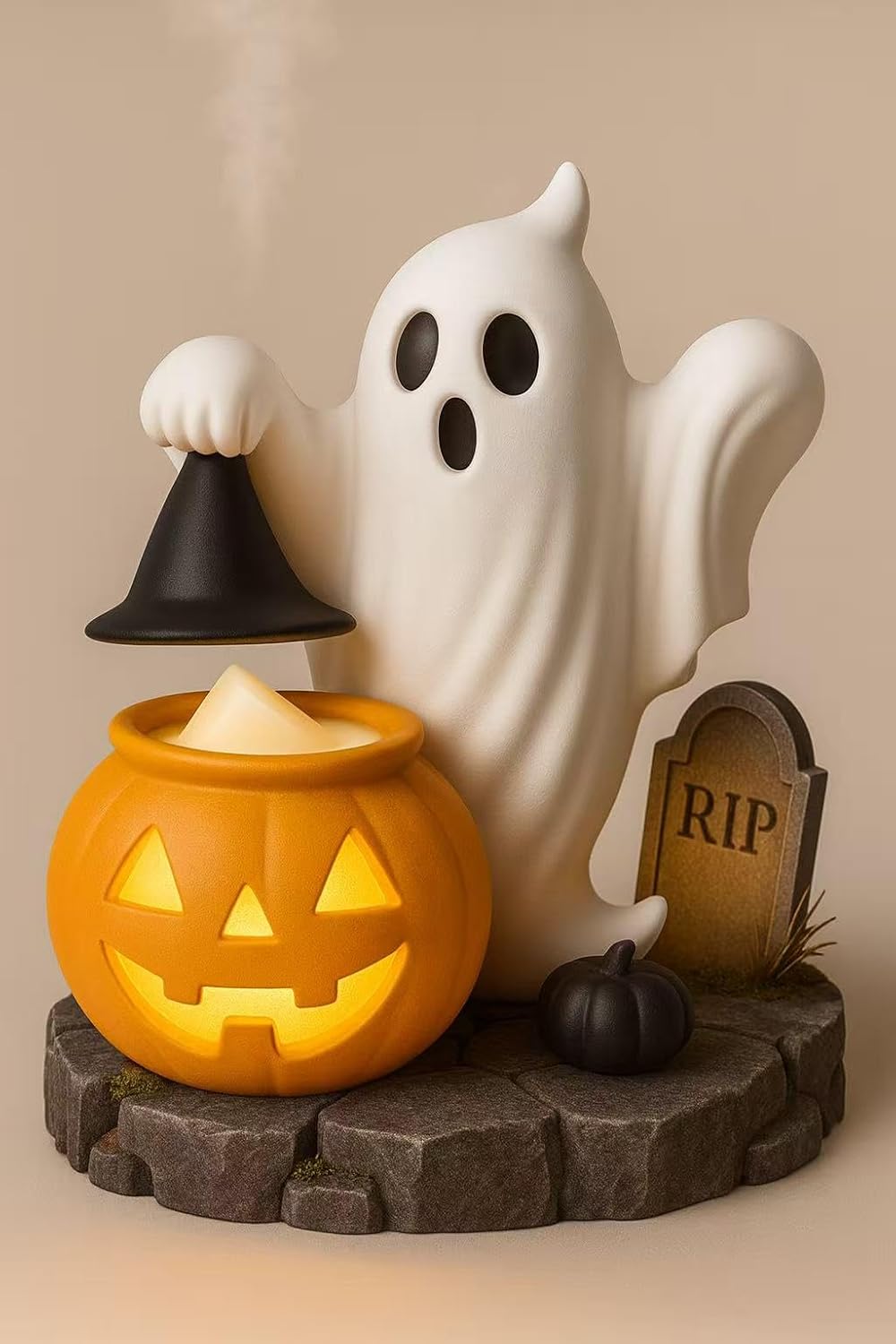 Halloween Ghost Pumpkin Light Decor, Spooky Ghost with Jack-O-Lantern Lamp & Tombstone, Indoor Outdoor Halloween Decorations for Home Party Porch Tabletop Holiday Season