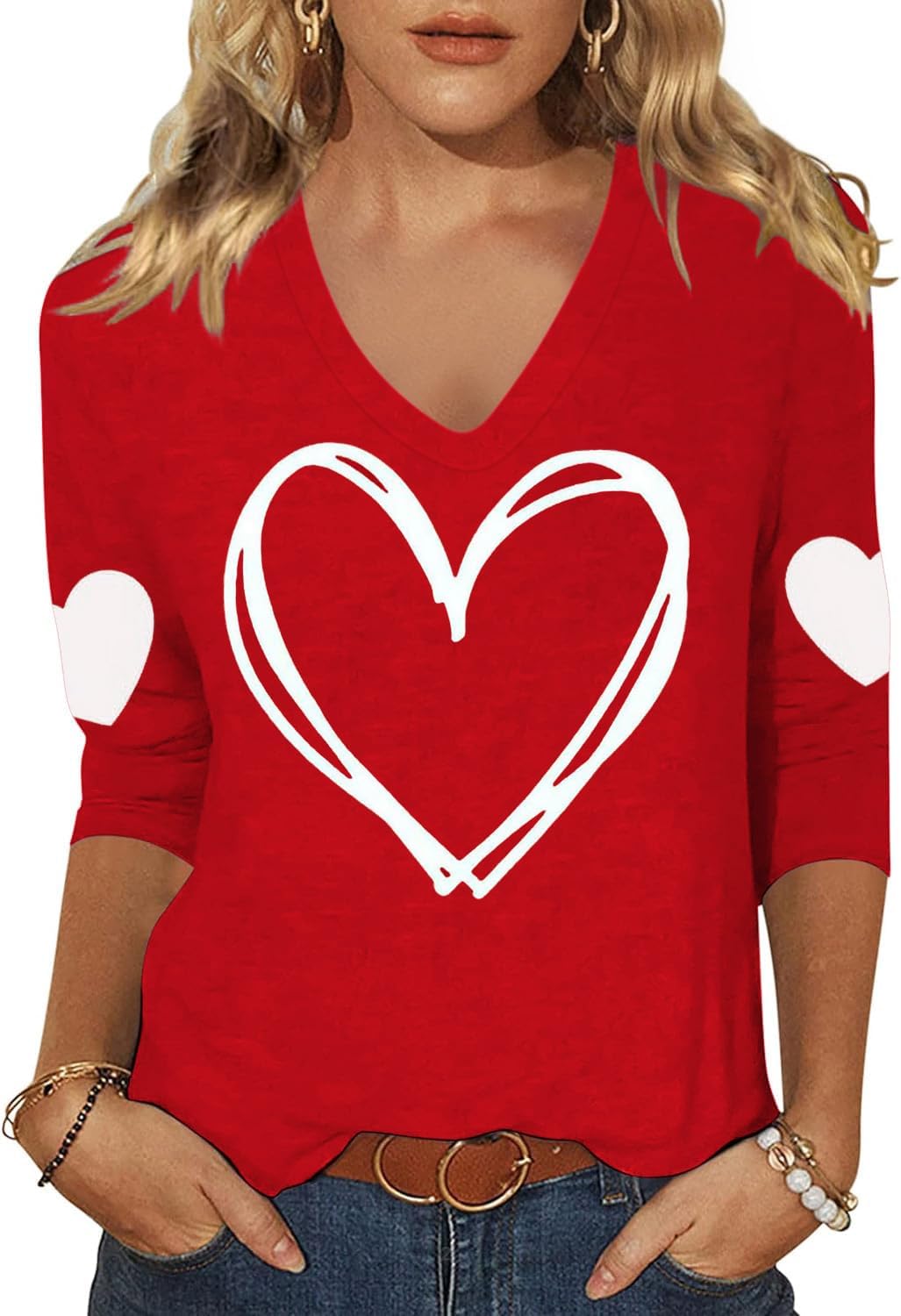 Woffccrd Womens 3/4 Sleeve V Neck T-Shirts Valentina's Day Spring Shirts Love Heart Printed Graphic Tees