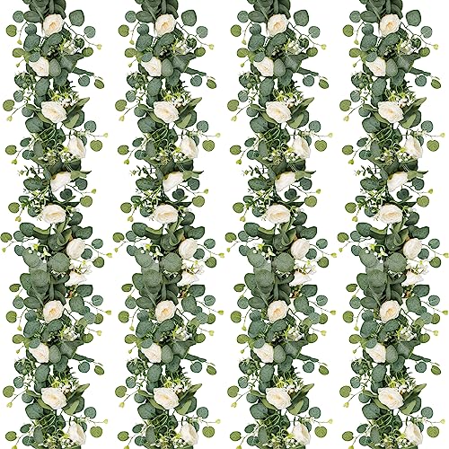TOCHGREEN 4 Pack 24Ft Artificial Eucalyptus Flower Garland with White Roses, Fake Rose Flower Greenery Garland Floral Vines for Wedding Home Party Room Table Runner Decor (4PCS, White) by TOCHGREEN - Used condition - CA$41.27