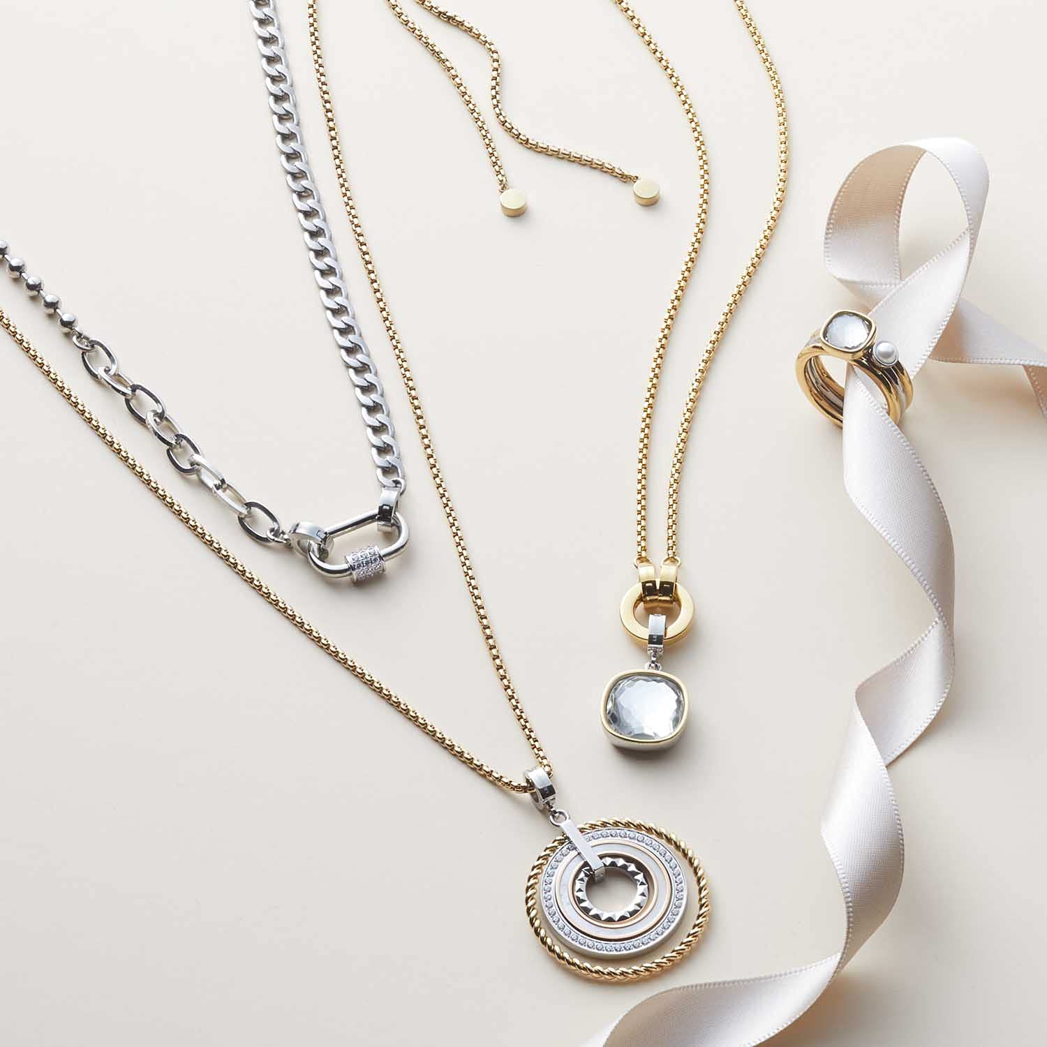 JEWELS BY LEONARDO Anhänger Clip & Mix Geometria • Ketten-Anhänger aus tricolorfarbenem Edelstahl • Ringelemente mit Perlmutt und Glaskrisallen • Clip M (4,8 mm Ø) • Schmuck Geschenk Damen • 021639