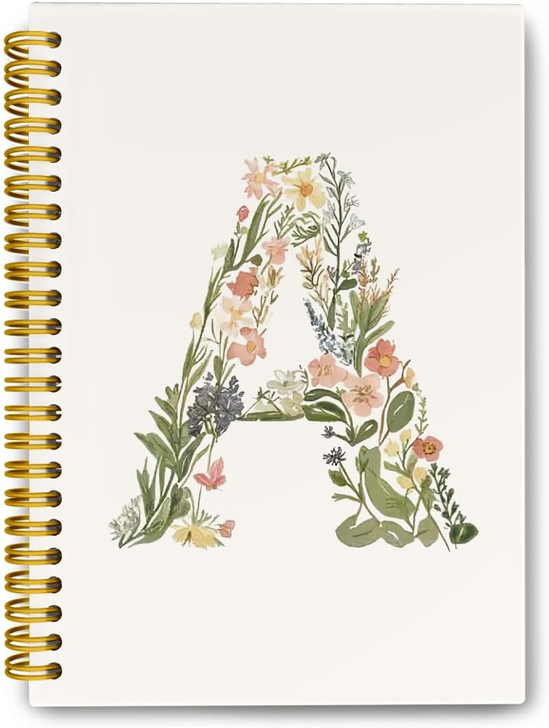 Cute Floral Initial A Spiral Notebook, Pretty Journal 5.5 x 8.3
