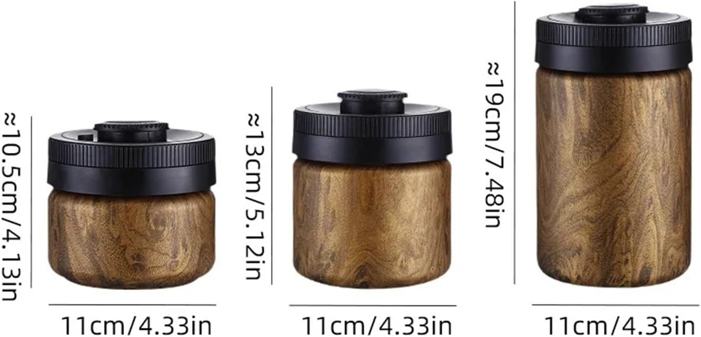 2-Piece Coffee Storage Set: Airtight Canister & Spoon Press-to-Vacuum Seal, 304 Stainless Steel(Wood grain 600ml)
