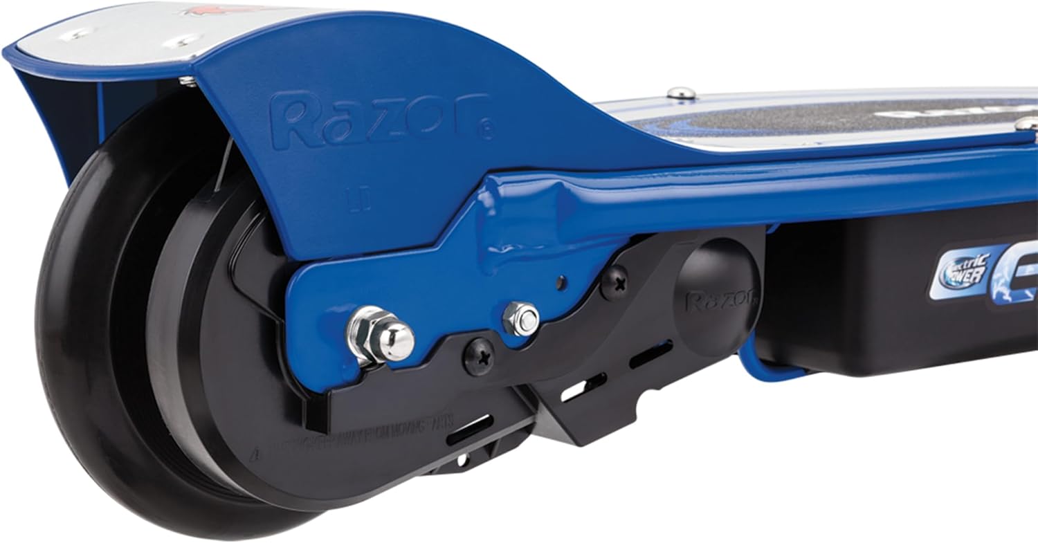 Close-up of the Razor Power Core E100 electric scooter's rear wheel and kickstand in the deployed position.