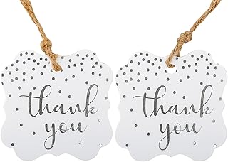 Real Silver Foil Thank You Tags, 100 Pcs Metallic Silver Thank You Gift Tags, Personalized Paper Tags with String, White Paper Gift Label Tags for Birthday Party, Wedding, Baby Showers Favors
