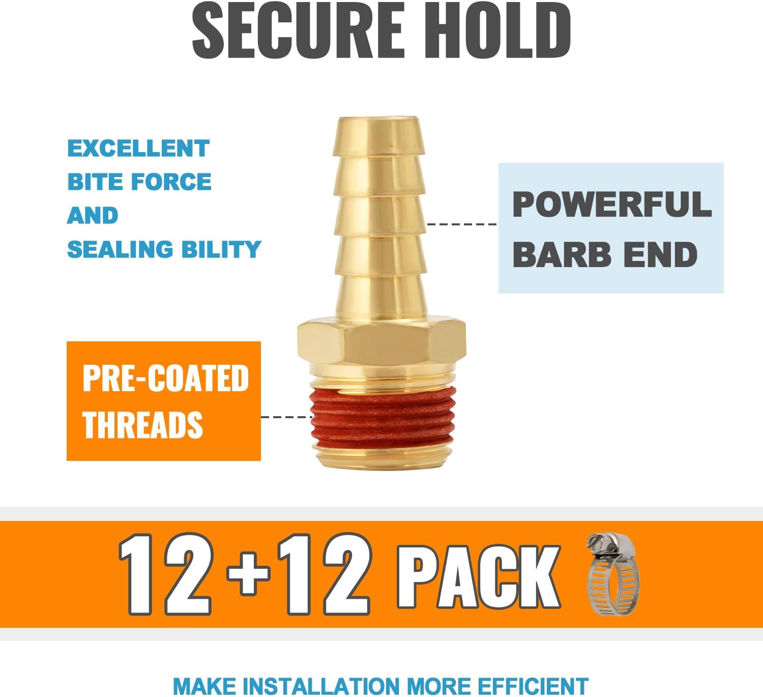 SUNGATOR 12-Pack 1/2'' Barbed Air Hose Fittings, Brass 1/2'' NPT Male × 1/2 Inch Barb Air Hose Repair Kit with Sealant, 1/2 Inch Barbed Gas Line Repair Brass Fittings with 12 Pcs Clamps