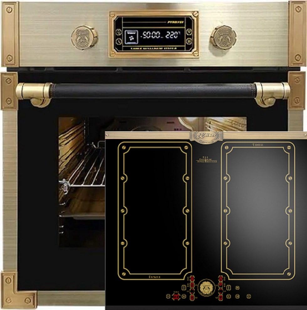 Kaiser Kit de four encastrable, style pyrolyse, autonome, rétro, 73 l, en verre noir, 60 cm, avec plaque à induction, 60 cm, zone libre avec 2 zones à...