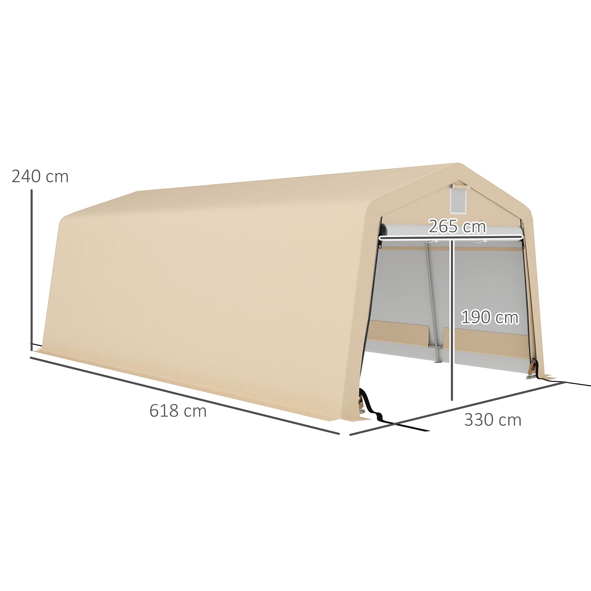 Garaje Outsunny Tente Dim. 6,2L x 3,3l x 2,4H m Robusto Acero galvanizado PE Alta Densidad 150 g/m² Impermeable Anti-UV, 1 Puerta Caqui y 2 respiraderos