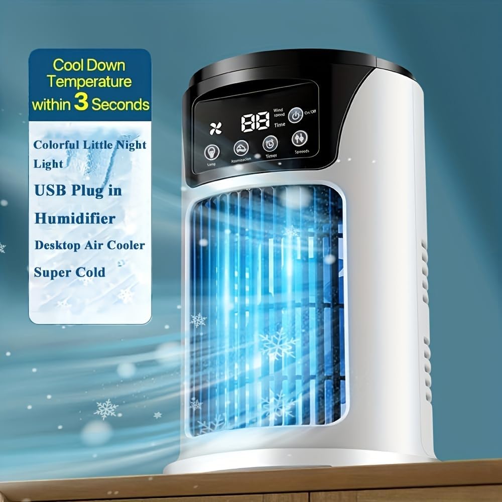 Portable Air Conditioner Humidifier Atmosphere Light Fan USB Cooler Air Conditioner, 3 In 1 Function, Office Household Essential Cooler USB Portable Air Conditioner USB Fan