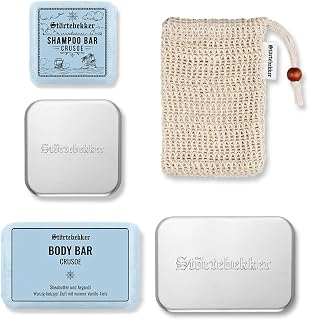 NEW: Störtebekker® Premium Shower Set Hair & Body | 1x Solid Shampoo & 1 x Solid Shower Gel Crusoe for Men and Women | Including 2 Soap Jars and Sisal Bag | Vegan and Handmade