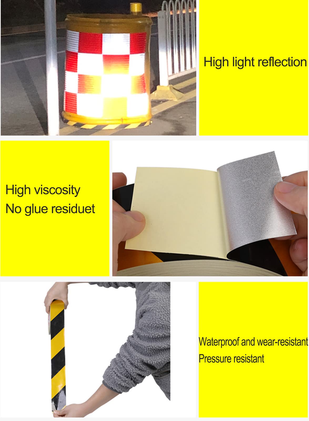 Rollo de Cinta de Advertencia, 10 cm X 25 M, Cinta de Advertencia de Seguridad Reflectante, Cinta de Señalización de Peligro de Rayas Amarillas Claras, Cinta de Precaución de Barrera para Autop