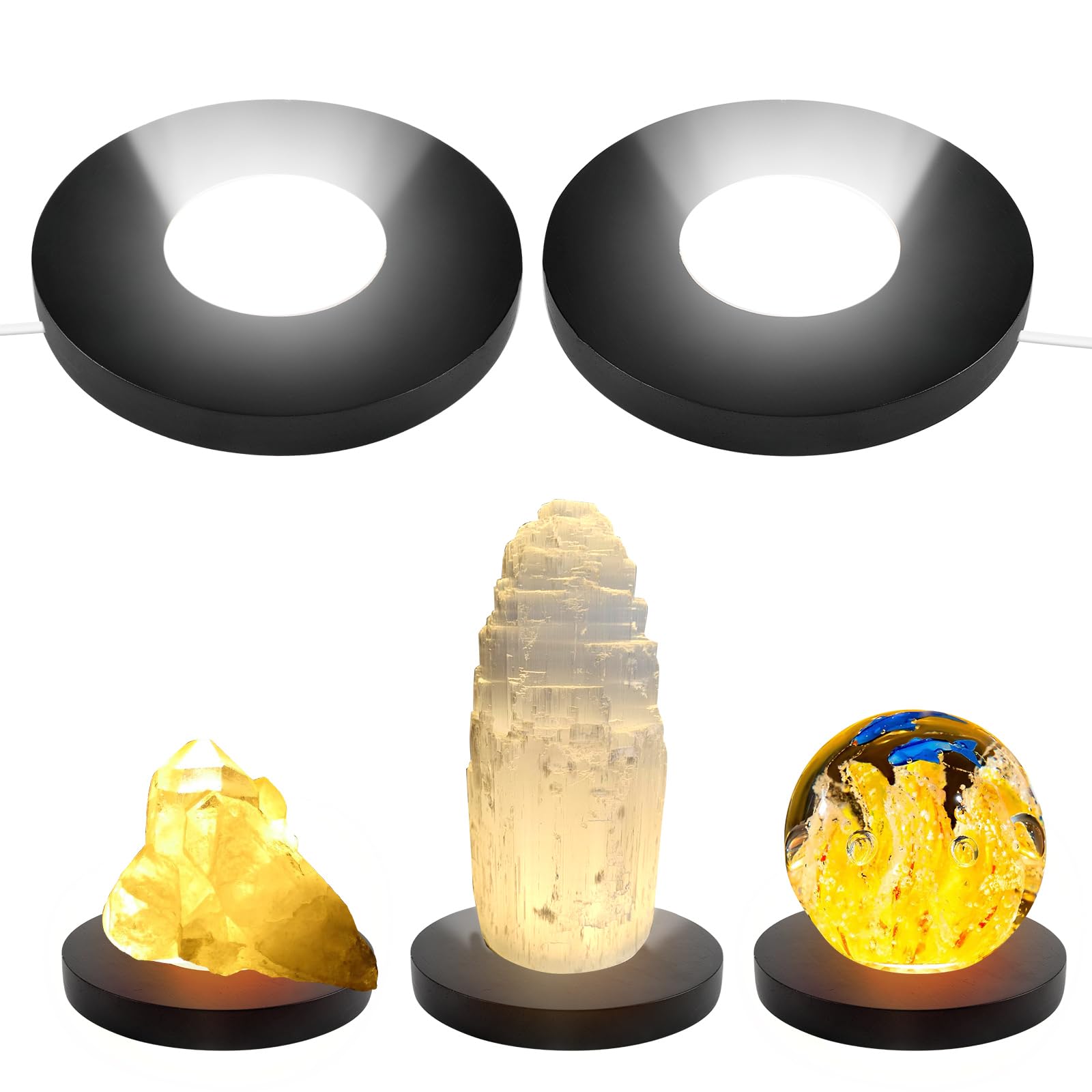 2pcs Wooden LED Light Display Base Stand, 15CM Round Light Display Base with 3 Light Modes, USB Crystal Display Base, Wood Base Light Base for Crystal Glass Resin Art Jewelry Acrylic (Black)